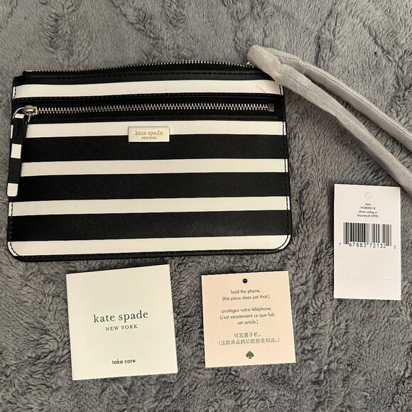 BRAND NEW Kate Spade Black and White Striped Wristlet - Picture 1 of 4